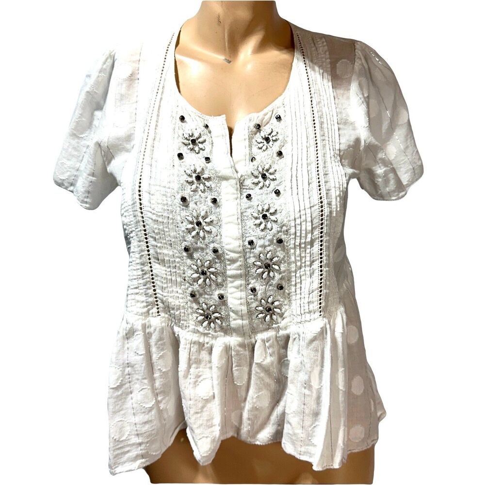 Anthropologie Leifsdottir Beaded Boho Serein Top Size 10 Women’s Jewel Metallic
